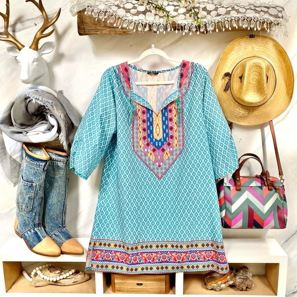 Mediterranean style boho tunic/mini Dress/beach cover up w resort vacay vibe